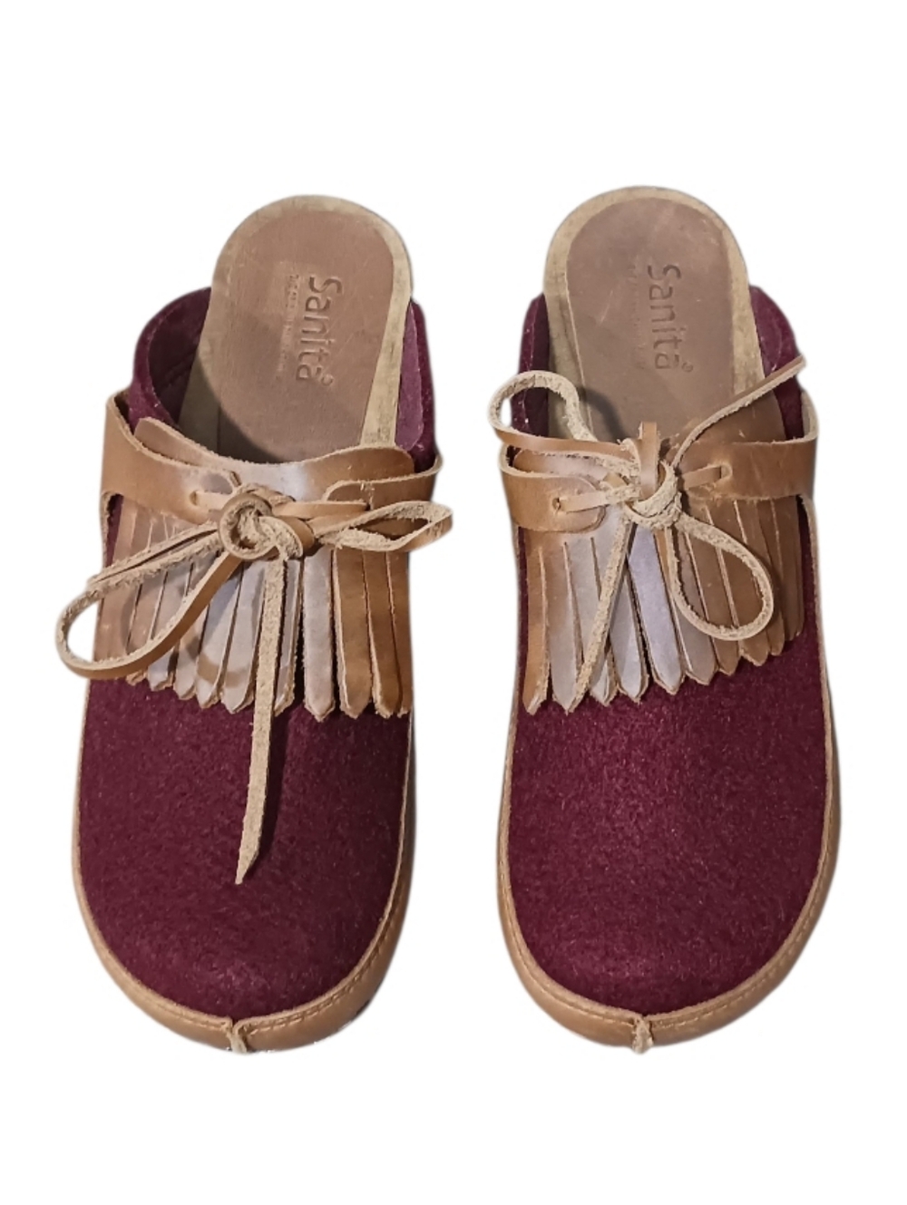 Sanita Karina Wool Felt Leather Wood Danish Clog Wine Red Sundance - Picture 2 of 14